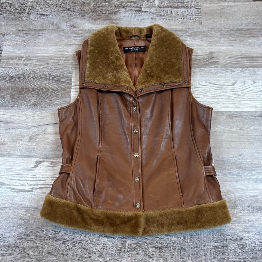 Vintage 90s Dana Buchman Leather Shearling Vest Penny Lane Western Boho S